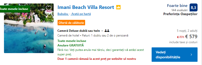 Imani Beach Villa | cazare Zanzibar cu mese incluse |