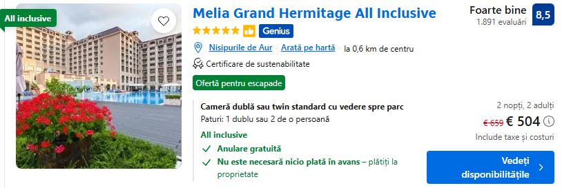 melia grand hermitage nisipurile de aur | cazare la melia bulgaria | hotel cu all inclusive | hotel de lant melia bulgaria |